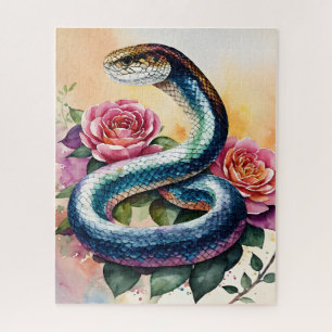 Colorful Snake Floral Watercolor Art Jigsaw Puzzle