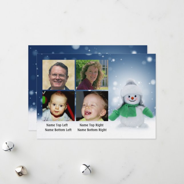 Colorful Snowman in snow Personalize with Photos Holiday Card (Front/Back In Situ)