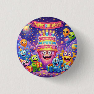 Colorful Space Monster Birthday Party with UFO  3 Cm Round Badge