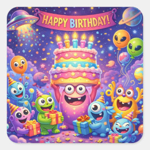 Colorful Space Monster Birthday Party with UFO Square Sticker