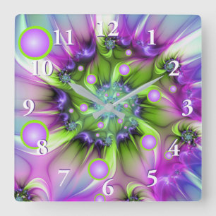 Colorful Spiral Round Shapes Abstract Fractal Art Square Wall Clock
