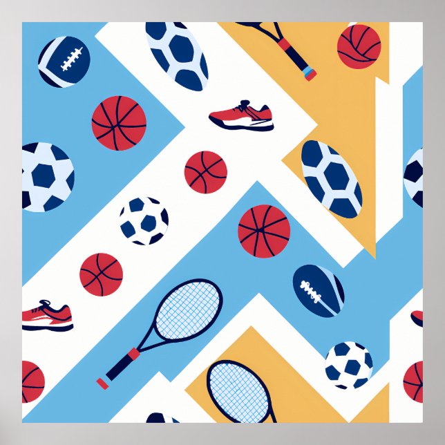 Colorful Sports Pattern – Balls, Rackets & Sneaker Poster (Front)