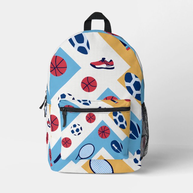 Colorful Sports Pattern – Balls, Rackets & Sneaker Printed Backpack (Front)