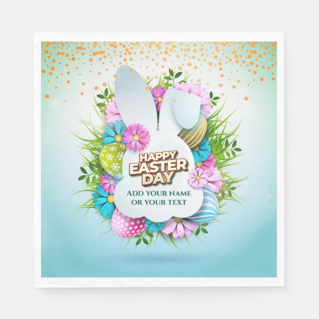 Colorful Spring Bunny Easter Eggs & Flowers Napkin (Front)