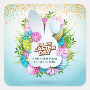 Colorful Spring Bunny Easter Eggs & Flowers Square Sticker