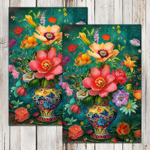 COLORFUL SPRING FLOWERS IN VASE DECOUPAGE TISSUE PAPER