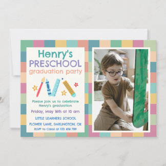 Colorful Squares Photo Preschool Graduation Invitation