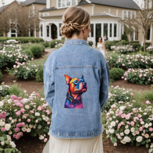 Colorful Staffy Bull Terrier Cyberpunk Design, Denim Jacket