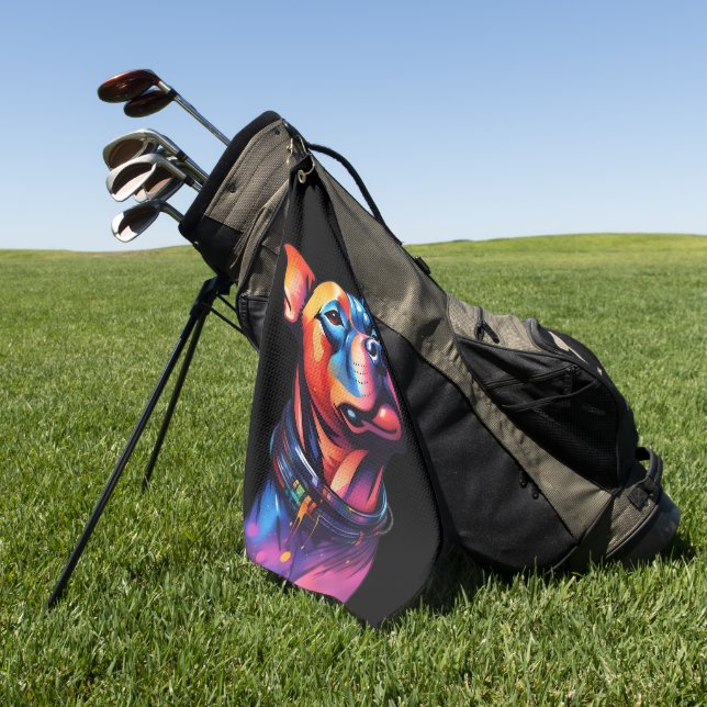 Colorful Staffy Bull Terrier Cyberpunk Design, Golf Towel (Green)