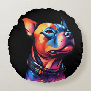 Colorful Staffy Bull Terrier Cyberpunk Design, Round Cushion