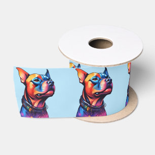 Colorful Staffy Bull Terrier Cyberpunk Design, Satin Ribbon