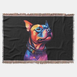 Colorful Staffy Bull Terrier Cyberpunk Design, Throw Blanket