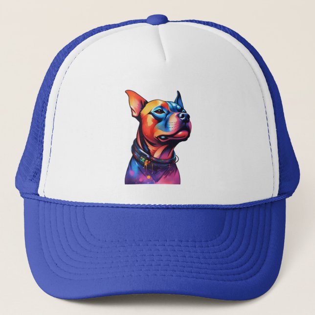 Colorful Staffy Bull Terrier Cyberpunk Design, Trucker Hat (Front)
