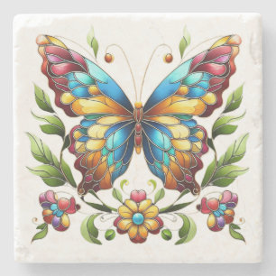 Colorful stained glass butterfly with flowers stone coaster
