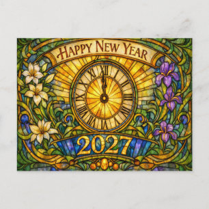 Colorful Stained Glass Floral New Year 2027 Holiday Postcard