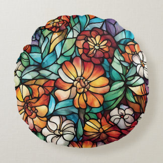 Colorful Stained Glass Floral Round Cushion