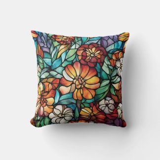 Colorful Stained Glass Floral Throw Pillow