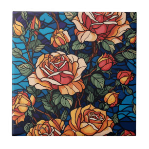 Colorful Stained Glass Roses Botanical  Ceramic Tile