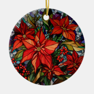 Colorful Stained Glass Style Poinsettias & Holly Ceramic Ornament