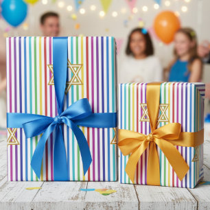 Colorful Star of David Rainbow Thin Stripes Wrapping Paper