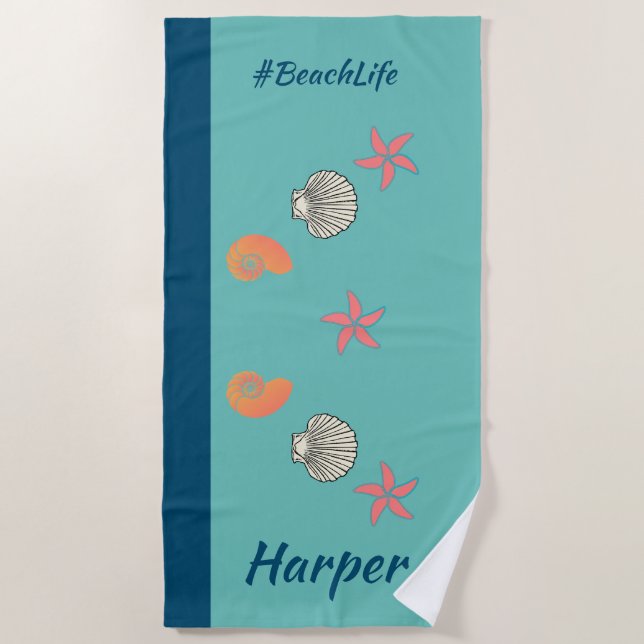 Colorful Starfish and Seashells Ocean Beach Life Towel (Front)