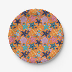 Colorful Starfishes with orange color background. Paper Plate
