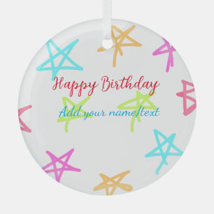 Colorful stars happy birthday add name text simple glass tree decoration