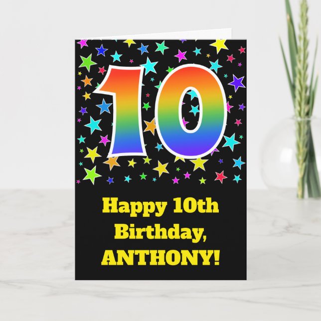 Colorful Stars + Rainbow Pattern "10" Birthday # Card (Front)