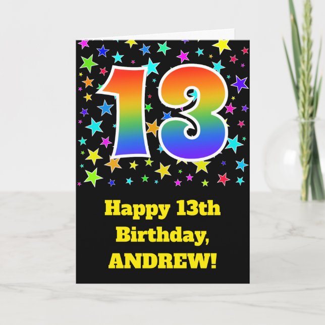 Colorful Stars + Rainbow Pattern "13" Birthday # Card (Front)
