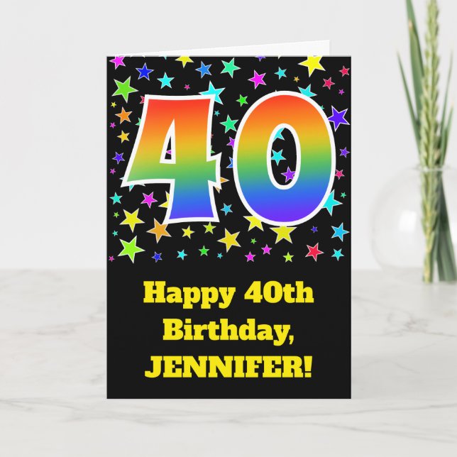 Colorful Stars + Rainbow Pattern "40" Birthday # Card (Front)