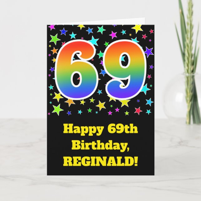 Colorful Stars + Rainbow Pattern "69" Birthday # Card (Front)