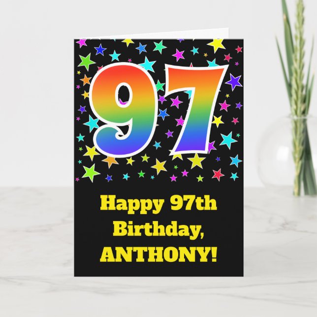 Colorful Stars + Rainbow Pattern "97" Birthday # Card (Front)