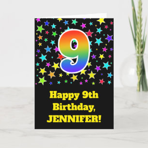 Colorful Stars + Rainbow Pattern "9" Birthday # Card