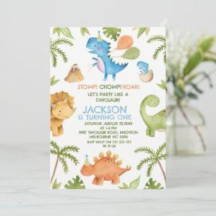 Colorful Stomp Chomp Party Dinosaur 1st Birthday Invitation