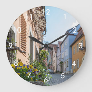 Colorful street in Rothenburg ob der Tauber Large Clock