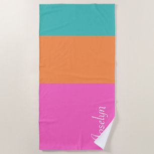 Colorful Stripe Pattern with Name Minimalist Beach Towel
