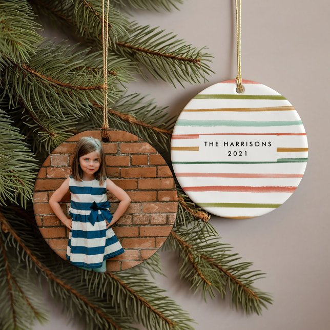Colorful Stripes Custom Photo Ceramic Ornament (Watercolor colorful stripes photo family name and year ornament)