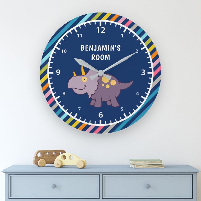 Colorful Stripes Cute Purple Dinosaur Kids Room Large Clock (Creator Uploaded)