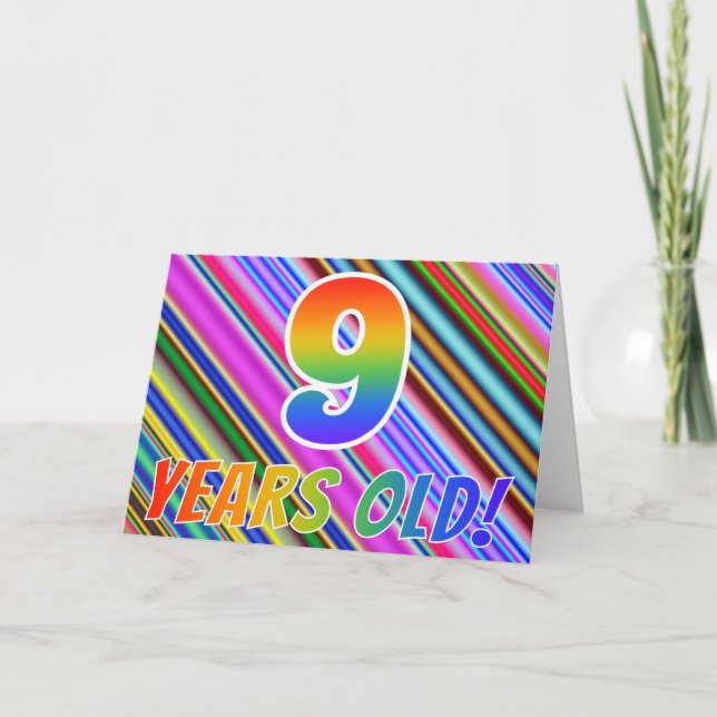 Colorful Stripes + Rainbow Pattern "9 years old!" Card (Front)