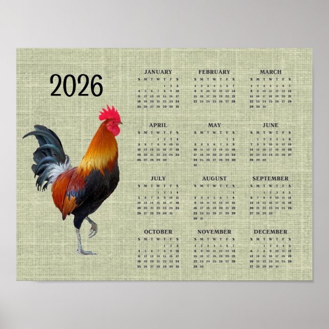 Colorful Strutting Rooster 2026 Calendar Poster (Front)