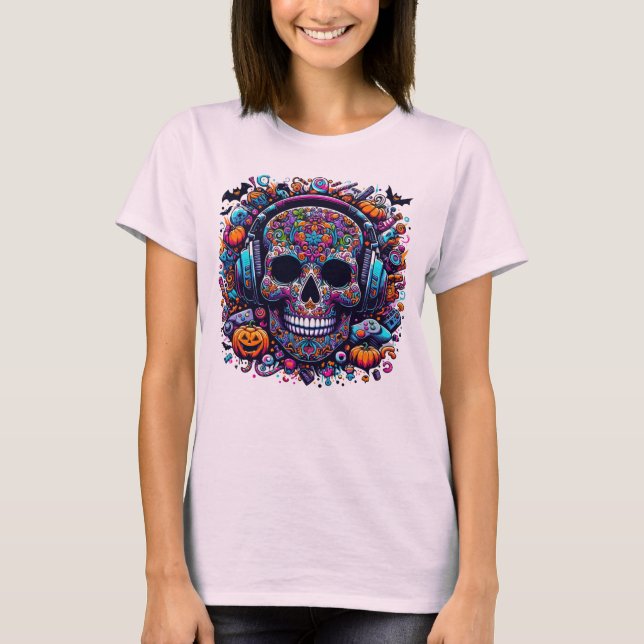 Colorful Sugar Skull Halloween Day of Dead T-Shirt (Front)