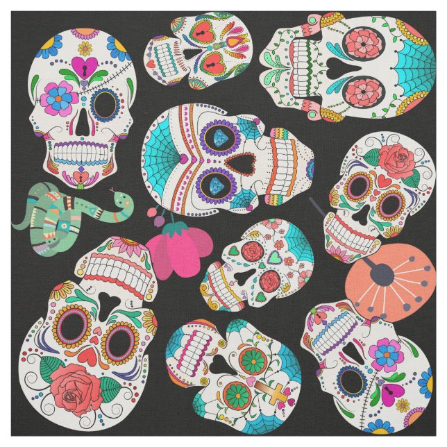 Colorful Sugar Skulls Pattern on Black Fabric (Swatch)