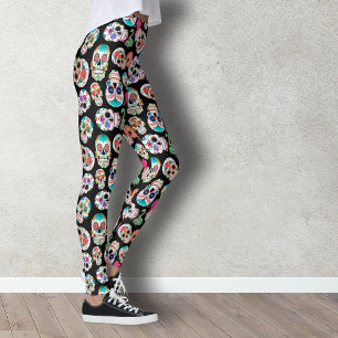 Colorful Sugar Skulls Pattern on Black Leggings