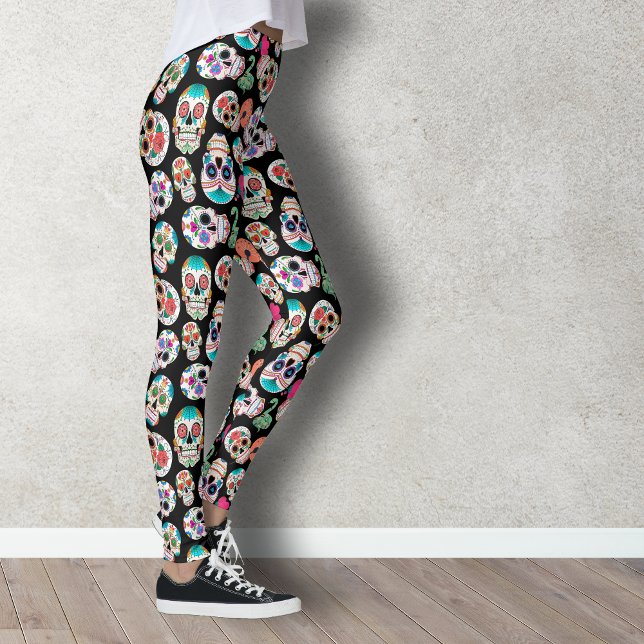 Colorful Sugar Skulls Pattern on Black Leggings (Creator Uploaded)