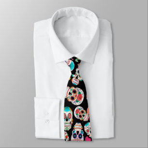 Colorful Sugar Skulls Pattern on Black Tie