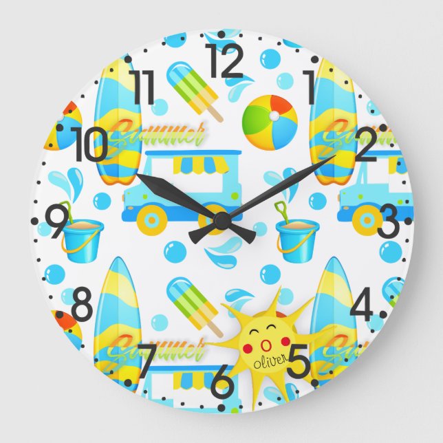 Colorful Summer and Beach Fun Monogrammed Pattern Large Clock (Front)