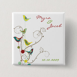 Colorful Summer Bird and Swirls Wedding Button