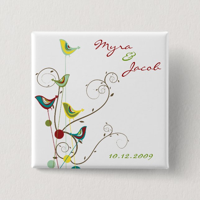 Colorful Summer Bird and Swirls Wedding Button (Front)