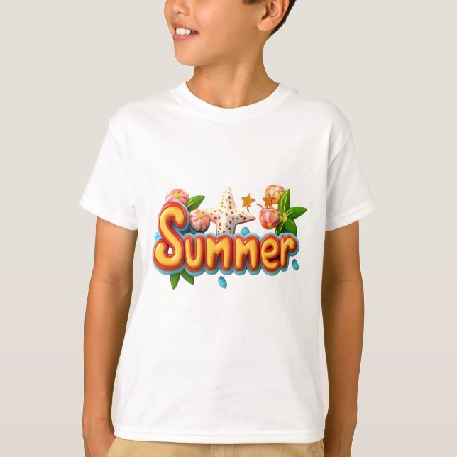 Colorful Summer Text with Beach Elements T-Shirt (Front)