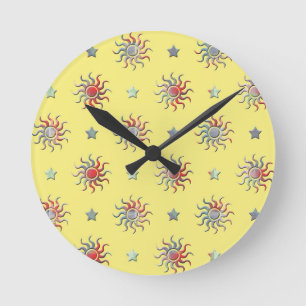 Colorful sun and stars design round clock
